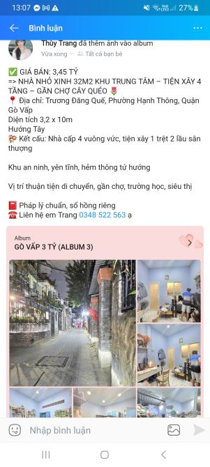 Đường Trương Đăng Quế nhà 32m2 giá 3 tỷ 450 SHR hẻm thông Phường Hạnh Thông Quận Gò Vấp