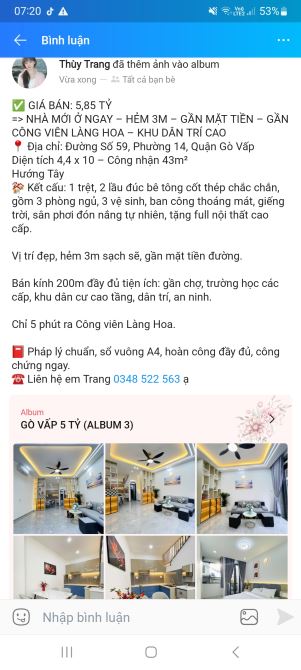 Nhà 3 tầng 3 phòng ngủ nhang lớn 4m4 khu đồng bộ giá 5 tỷ 850 đường số 59 Quận Gò Vấp
