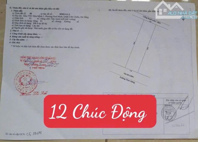 BÁN ĐẤT MẶT TIỀN 12 CHÚC ĐỘNG –HOÀ Minh  VIEW KÊNH THOÁNG