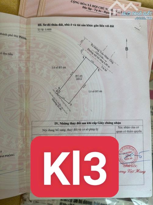 Bán lô đất biệt thự 269m2 Trần Nhân Tông-Kiến An.  Giá chỉ 25tr/m2 ( 6,7 tỷ) đường nội bộ