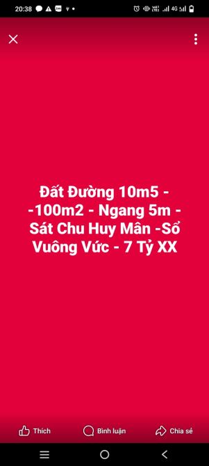 Đất Đường 10m5 - -100m2 - Ngang 5m - Sát Chu Huy Mân -Sổ Vuông Vức - 7 Tỷ XX