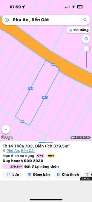 Bán đất Phú An Bến Cát gần ngã tư Phú Thứ 10x38 giá 3ty
