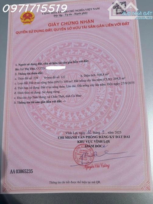 Cần tiền bán nhanh lô đất xã Châu Thới, tỉnh Cà Mau, DT 508,8m2, giá đầu tư - 1
