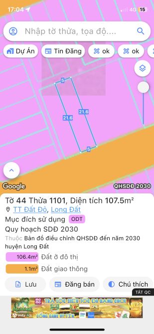 TRC LÊKIMA-tt ĐẤT ĐỎ-107m2-5mx21m-full thổ cư-sổ sẵn-hướng đông-giá 1ty4 - 4
