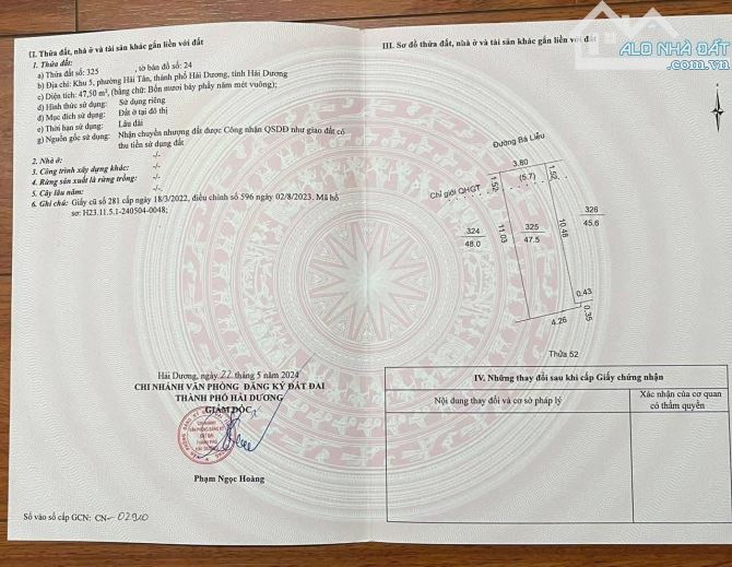 BÁN LÔ ĐẤT MẶT PHỐ BÁ LIỄU – PHƯỜNG HẢI TÂN, TP HẢI DƯƠNG