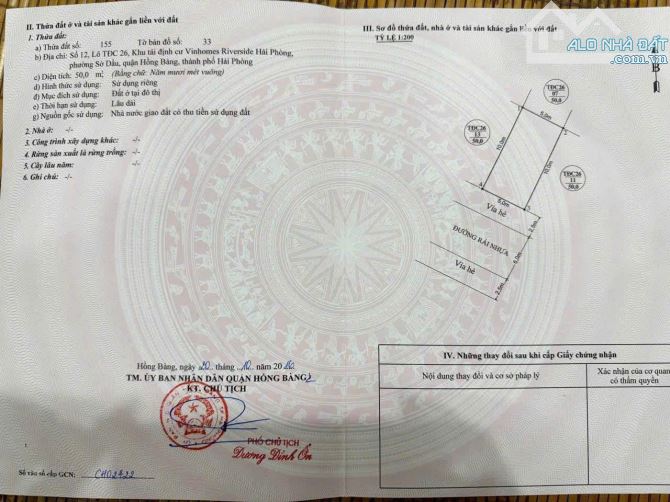 Bán đất TĐC Xi măng, Sở Dầu, Hồng Bàng, Hải Phòng. Vi trí ĐẸP 50m2- MT: 5m- 3,8 tỷ