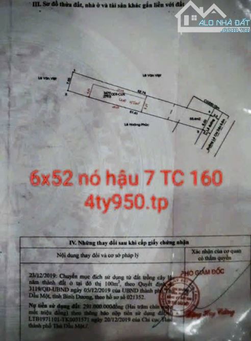 BÁN ĐẤT MT LÊ CHÍ DÂN, P.TÂN AN, TP.TDM, DT:6x52, NỞ HẬU 7M, TC160M2, SHR, GIÁ 4,950 TỶ - 4