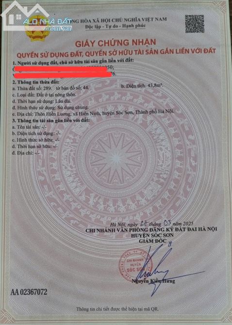 Bán đất hiếm, vị trí đẹp – Bìa Làng Hiền Lương, Hiền Ninh, Hà Nội