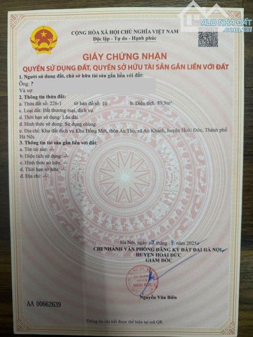 BÁN LÔ GÓC ĐƯỜNG 24 KHU DỊCH VỤ ĐỒNG MỚI AN KHÁNH DT 89M2