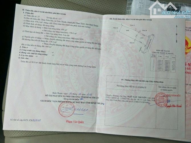 Bán gấp lô 976m2 có 400m2 thổ cư mặt tiền lạc long quân, view biển chỉ 10ty5