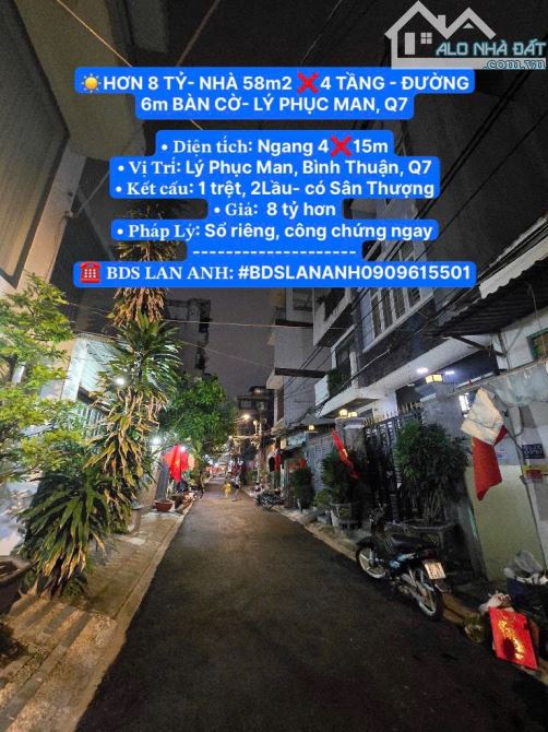 ☀️HƠN 8 TỶ- NHÀ 58m2 ❌4 TẦNG - ĐƯỜNG 6m BÀN CỜ- LÝ PHỤC MAN, Q7