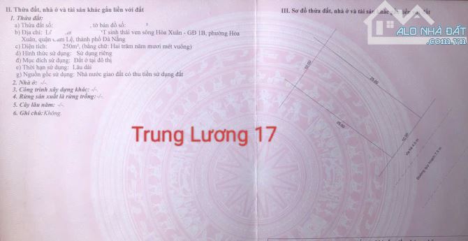 Bán đất biệt đường Trung Lương 17. Hoà Xuân Cẩm Lệ. S= 500m2 ( 20x25) Giá: 24 tỷ