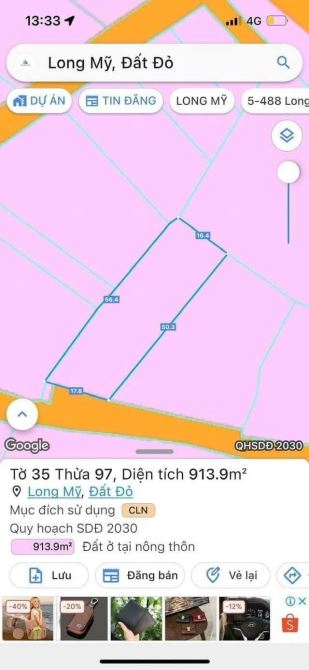 Bán Nhà Xã Long Mỹ , 913m2 Ngang 17m Dàu 56m có 150m Thổ Cư Giá 4.5tỷ - 2