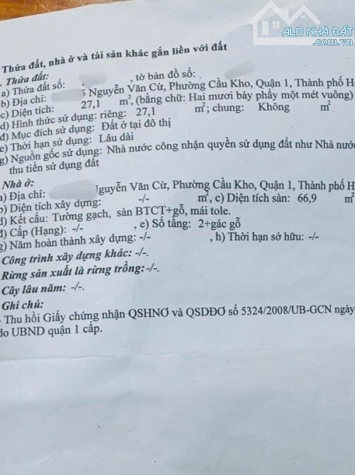 Bán nhà Q1 phường cầu kho. Gần mặt tiền đường lớn,  Sát bên cầu Nguyễn Văn cừ - 1