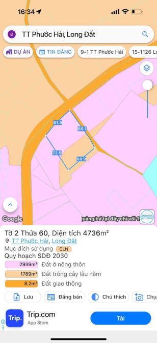 Thị trấn Phước Hải, 4736m2,góc 2 mặt tiền,mặt tiền nhựa 62m, mt Đất 80m, phủ hồng, giá 3tr