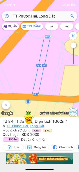 Thị trấn Phước Hải, 1000m2, ngang 10m dài 100m, sẵn 100 thổ cư, khu dân cư đông, giá 3ty