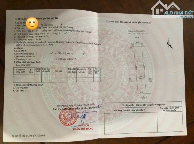 Bán đất mặt đường đôi Nguyễn Lương Bằng, ph Thanh Bình, TP HD, 104.9m2, mt 4.1m, KD - 2
