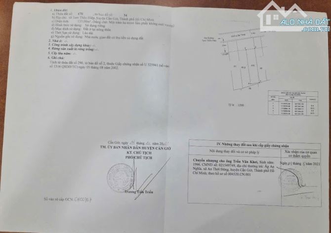 Bán đất đường Tam Thôn Hiệp, Cần Giờ: 6 x 22, giá: 2,5 tỷ.