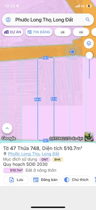 Phước Long Thọ,đối diện cổng KCN Đất Đỏ.510m2, ngang 10m, dài 50m, 100 thổ cư, giá 1tyx