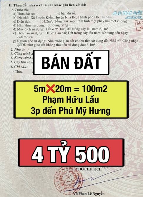 BÁN ĐẤT - 100M2 - HẺM XE HƠI - CÁCH PHÚ MỸ HƯNG CHỈ 3 PHÚT