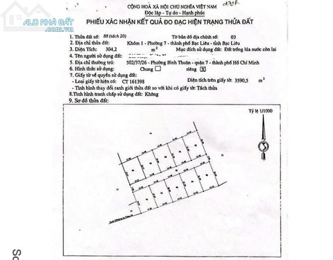 Cần bán lô đất 3600m2 Phường 7, TP Bạc Liêu