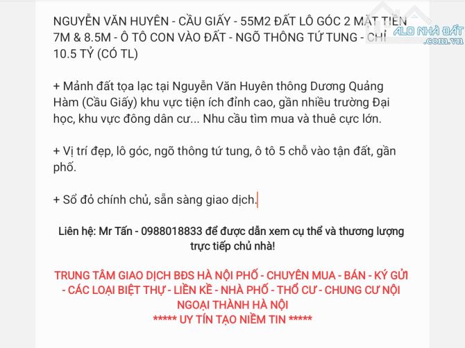 NGUYỄN VĂN HUYÊN - CẦU GIẤY - 55M2 ĐẤT LÔ GÓC 2 MẶT TIỀN 7M & 8.5M - Ô TÔ CON VÀO ĐẤT - 1