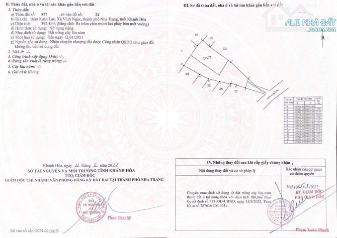 Nhà vườn 392m2 (180m thổ cư)  tại Vĩnh Ngọc - Nha Trang. Giá chỉ 12tr/m (hoặc 4tỷ7)