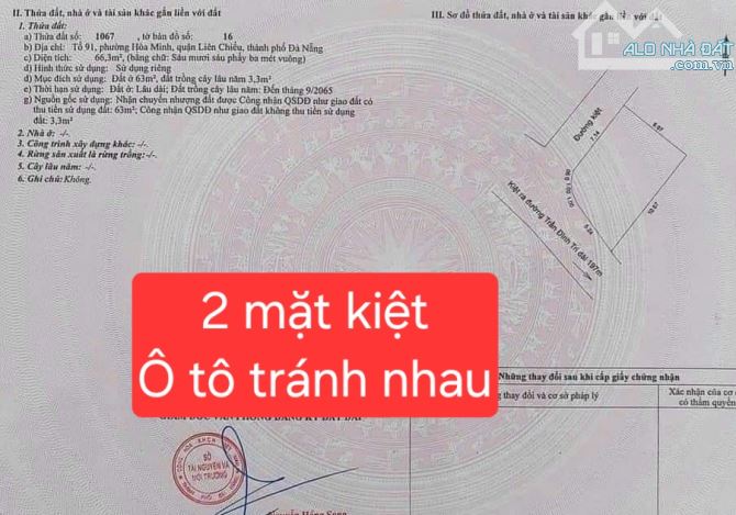 🔴💥Bán đất 2 mặt kiệt Ô TÔ tránh nhau K66 Trần Đình Tri, Hòa Minh