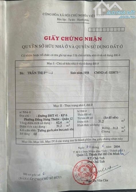 CẦN BÁN NHÀ MẶT TIỀN ĐHT 41 .Q12 - 2 TẦNG - DIỆN TÍCH NGANG 4.4m. - 9