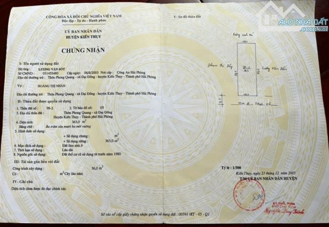 Bán lô đất 365m2 ngang 11m đường trục xã Đại Đồng Kiến Thụy giá đầu tư