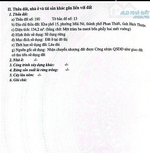 ĐẤT MŨI NÉ - PHAN THIẾT. DIỆN TÍCH 134M2 FULL THỔ CƯ. CÁCH BIỂN 800M. BÁN GIÁ 1.7 TỶ - 8