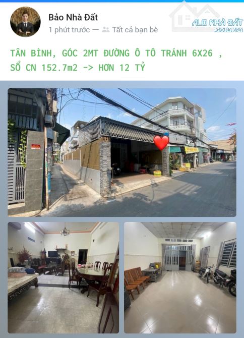 TÂN BÌNH, GÓC 2MT ĐƯỜNG Ô TÔ TRÁNH 6X26 , SỔ CN 152.7m2 - HƠN 12 TỶ