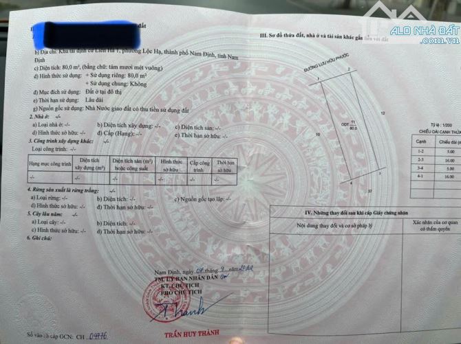 Cần bán Mảnh đất Mặt đường Lưu Hữu Phước - khu ĐTM Mỹ Trung - Tp. Nam Định: