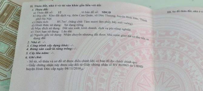 Bán 85.7 m2 đất dịch vụ Cựu Quán, Đức Thượng, Hoài Đức.