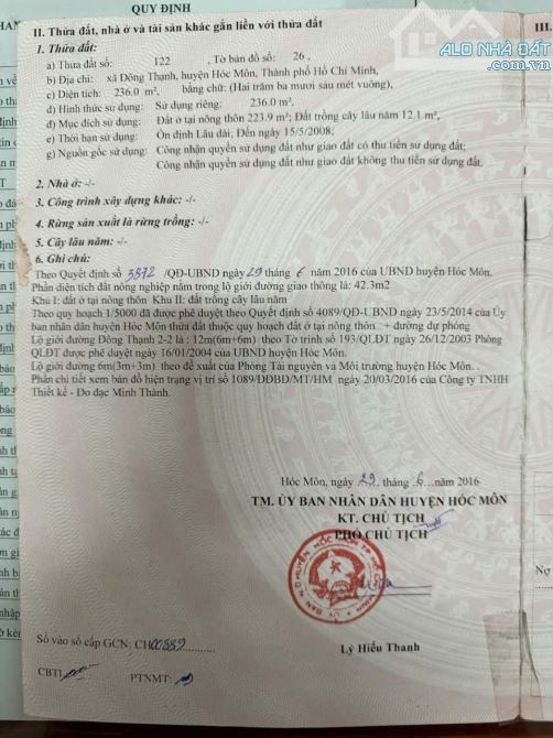 CHỦ GỬI LÔ ĐẤT 2 MẶT TIỀN , 12X20, CN 236M2, FULL THỔ CƯ, ĐÔNG THẠNH, HÓC MÔN, CHỈ 6TY400