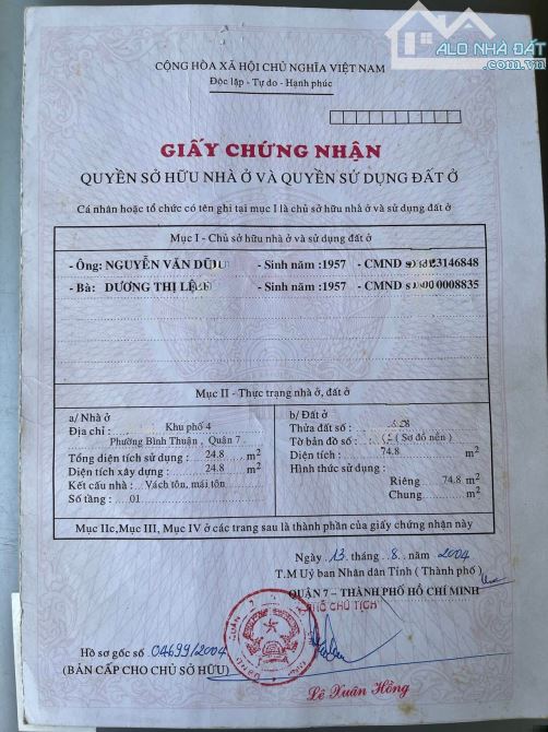 Bán đất tặng nhà 76m2, phường Bình Thuận, 50m ra MTKD Nguyễn Thị Thập, Quận 7