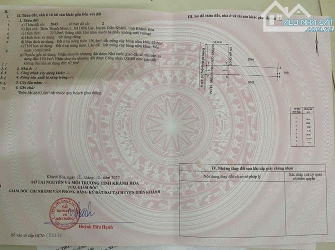 Diên Lạc Thị Trân Diên Khánh khu dân cư đông đúc gần UBND, Trường C1,C2 214m2 chỉ 1 tỷ 4 - 4