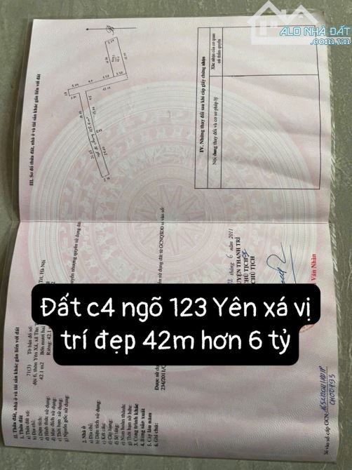 Bán gấp đất 42m2 Yên xá ngay ngõ 123 cạnh kdt tổng cục 5 tân triều