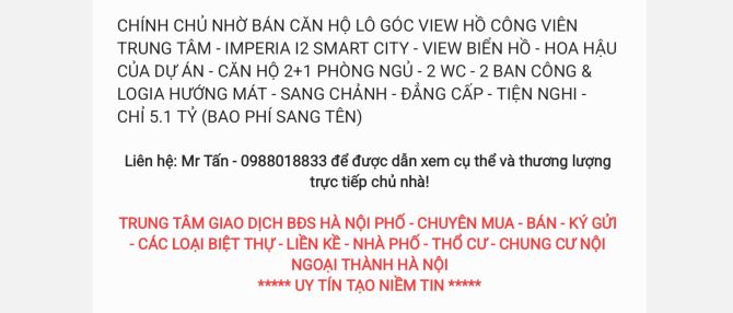 IMPERIA SMART CITY - CĂN HỘ I2 - LÔ GÓC - 2+1 NGỦ - VIEW HỒ TRUNG TÂM - CHỈ 5.1 TỶ