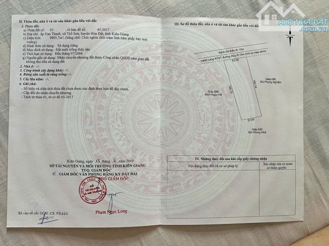 Cần bán 1 lô đất Xã Thổ Sơn Huyện Hòn Đất Tỉnh Kiên Giang, chiều ngang 63m chiều dài 150m