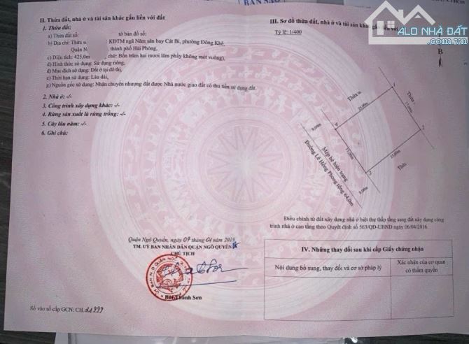 Bán 425m mặt đường Lê Hồng Phong Ngô Quyền Hải Phòng giá 320 triệu/m
