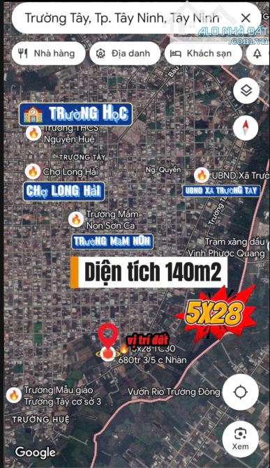 (Hàng Ngộp )Đất Trường Tây, TX Hoà Thành, 680 triệu, 140m2, Ngõ rộng 10m, 2 Mặt tiền 5x28m - 1