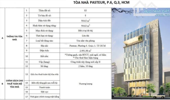 TÒA VP 2,300 M2- MT PASTEUR,Q3- NGANG 25M- 2 HẦM+11 TẦNG- GIÁ: 950 TR/TH - 1