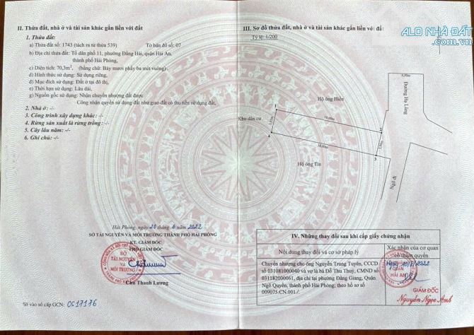 Bán lô đất mặt đường hạ lũng đằng hải hải an . Diện tích 70.3m hướng đông nam . Giá 4 tỷ 5