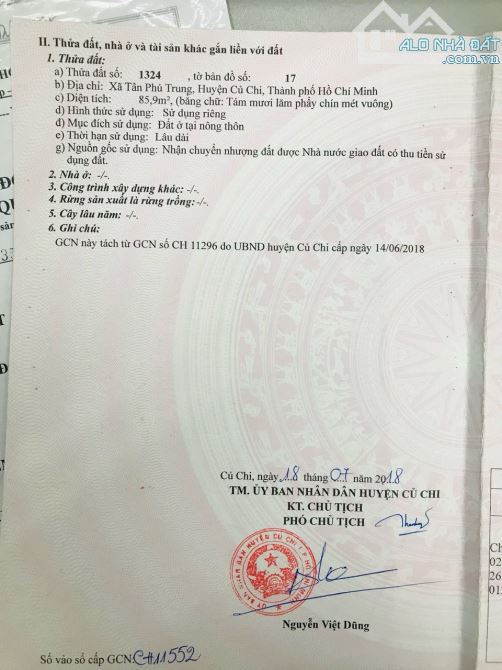 Sang nhanh lô đất 85.9m2 full thổ cư, Tân Phú Trung, Củ Chi, SHR, 1 tỷ 750