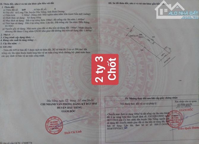 BÁN ĐẤT MT NHỰA, LONG TÂN, DẦU TIẾNG, DT:20x76, TC200M2, SHR, GIÁ 2,3 TỶ chốt - 1