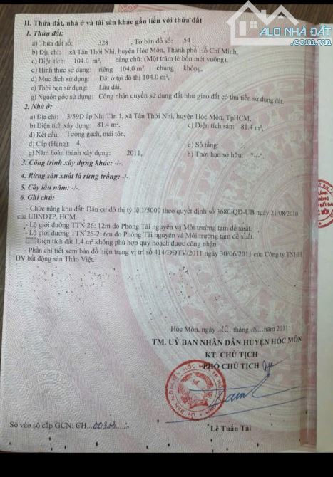 Bán đất khủng 5.44*19m . Tặng căn c4. Mặt tiền nhựa Tân Thới Nhì. HM