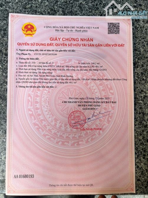 Chính chủ cần bán lô đất thổ cư ngay UBND xã An Thái , Phú Giáo , Bình Dương