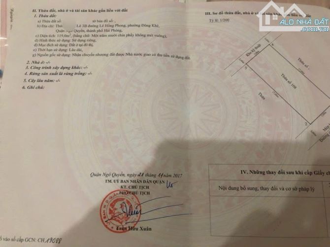 Bán 119m đất lô 3B đường Lê Hồng Phong Ngô Quyền giá 75 triệu