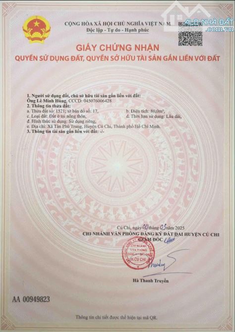 Thanh lý khu đất Ngang 9m, đường nhựa, 80m2 full thổ, Tân Phú Trung, SHR, chỉ 1 tỷ 945
